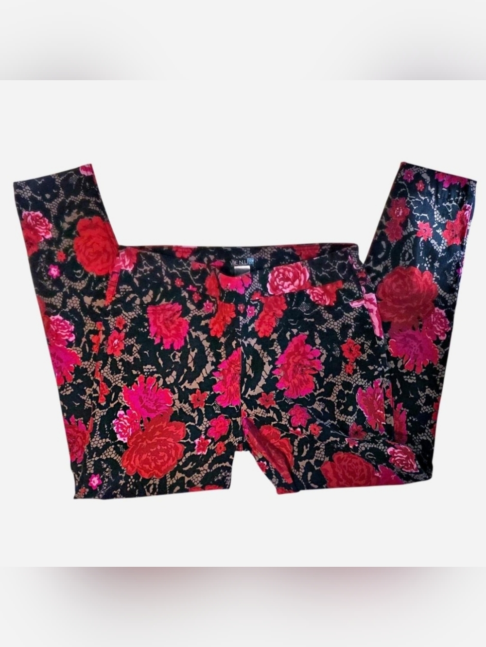 Venus Red/Black/Pink Floral & Lace Print Leggings Size L Stretchy Flattering